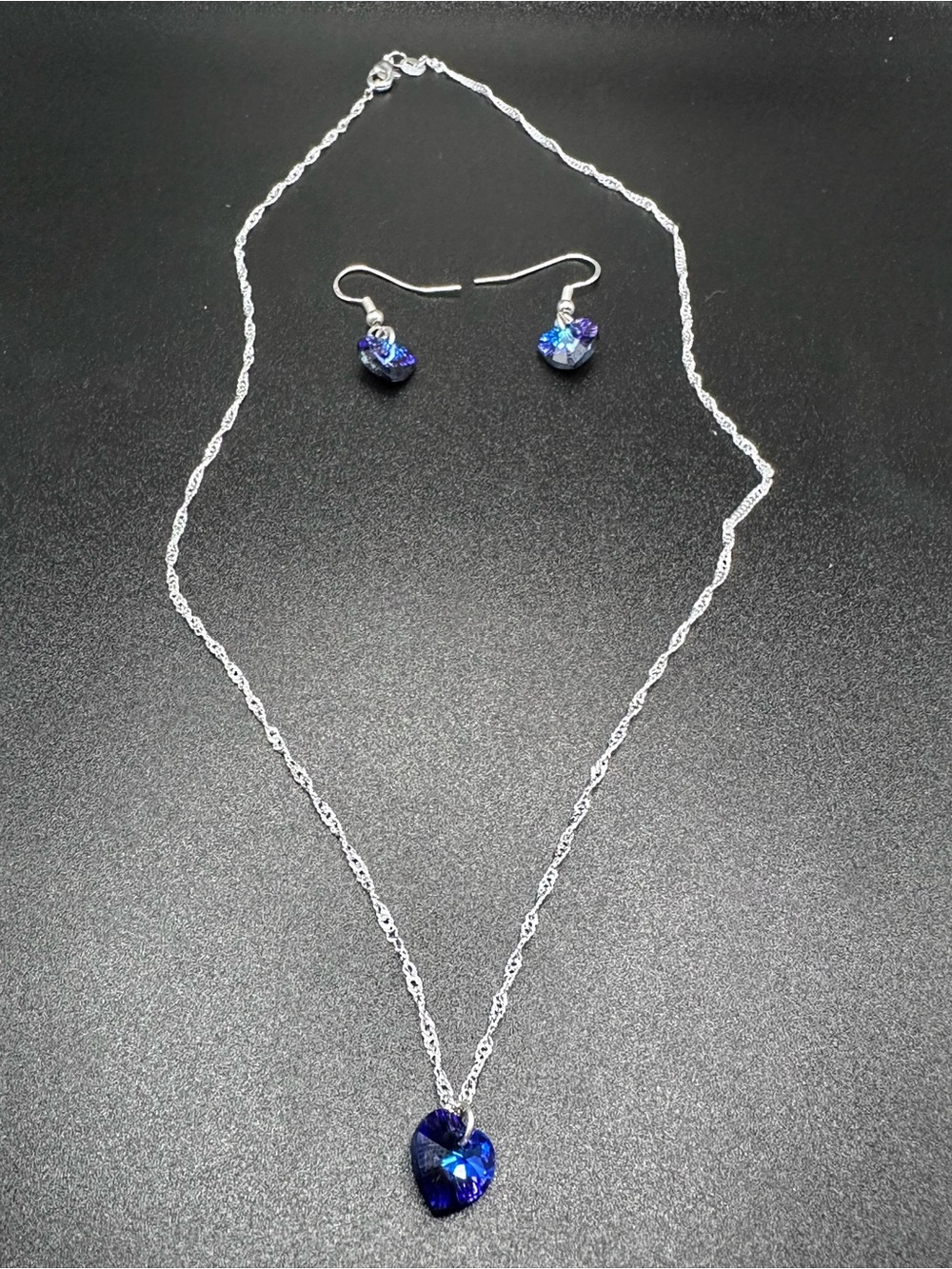 Handmade Blue Crystal Heart Necklace & Earrings Set | 18” | Gift for Her